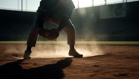 Muscular baseball player hits ball with determination on playing field generated by artificial intelligenceの素材