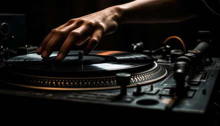 Jockey spinning old fashioned turntable, mixing nightlife at nightclub party generated by artificial intelligenceの素材