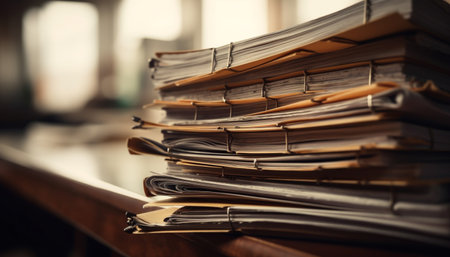 Antique office desk holds large collection of old literature documents generated by artificial intelligenceの素材