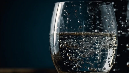 Refreshing liquid in transparent glass, cold and smooth, flowing generated by artificial intelligenceの素材