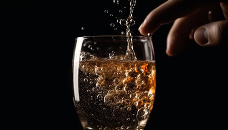 Thirsty hand pours luxury whiskey into crystal glass on black background generated by artificial intelligenceの素材
