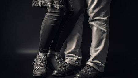 Monochrome couple walking in fashionable sportswear, holding hands in love generated by artificial intelligenceの素材