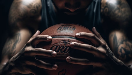 Muscular basketball player exercising determination with confidence in studio shot generated by artificial intelligenceの素材