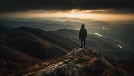 Standing on mountain peak, one person achieves hiking success generated by artificial intelligenceの素材