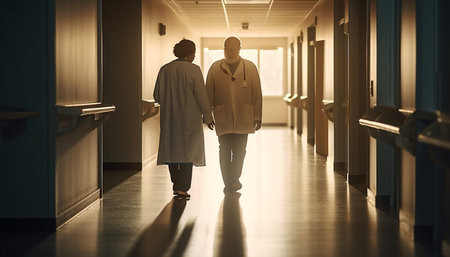 Two adults walking together, standing in love, indoors, full length generated by artificial intelligenceの素材