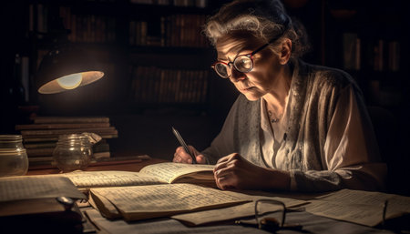 Caucasian adult reading literature indoors, surrounded by bookshelves and eyeglasses generated by artificial intelligenceの素材