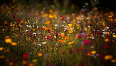 Vibrant wildflowers bloom in meadow, a colorful rural scene generated by artificial intelligenceの素材