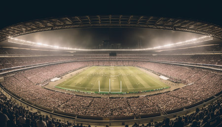 Nighttime soccer event illuminates crowded stadium with bright floodlights generated by artificial intelligenceの素材