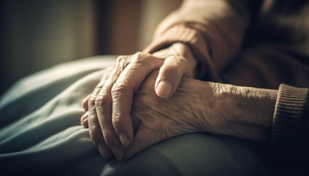 Senior couple holding hands, embracing love and togetherness in retirement generated by artificial intelligenceの素材
