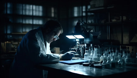 One scientist analyzing liquid in dark laboratory with equipment generated by artificial intelligenceの素材
