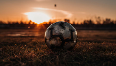 Playing soccer outdoors at sunset on grass with soccer ball generated by artificial intelligenceの素材
