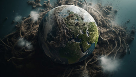 Abstract planet landscape, deep underwater reef, orbiting satellite communication journey generated by artificial intelligenceの素材