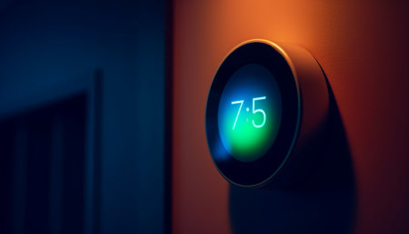 Modern dashboard controls glowing blue circle, watching temperature data indoors generated by artificial intelligenceの素材
