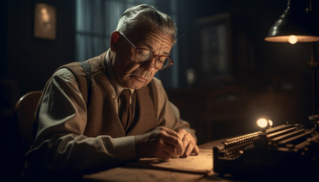 Senior man typing on old typewriter in nostalgic workshop generated by artificial intelligenceの素材
