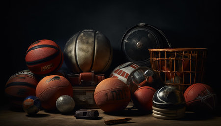 Sports equipment collection ball, helmet, leather, wood, sphere, set generated by artificial intelligenceの素材