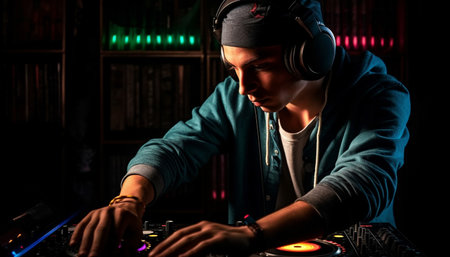 Young adult males enjoying funky nightclub party with sound equipment generated by artificial intelligenceの素材