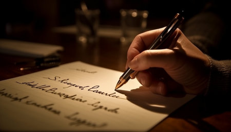 Businessman analyzing contract, signing with ballpoint pen on desk generated by artificial intelligenceの素材