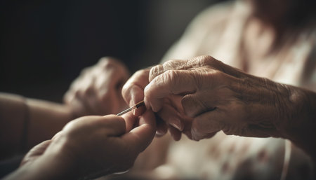 Two women bonding over craft, holding hands in selective focus generated by artificial intelligenceの素材