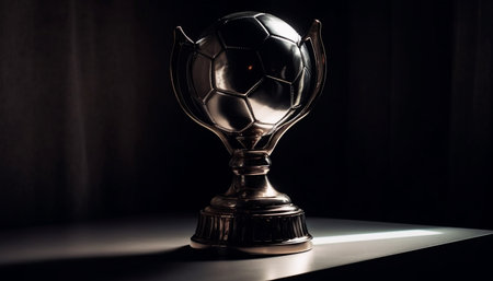 Championship triumph soccer ball on pedestal, gold trophy, black background generated by artificial intelligenceの素材