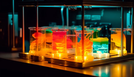 Scientist analyzing liquid in test tube under illuminated blue lighting generated by artificial intelligenceの素材