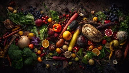 Healthy vegetarian meal with fresh organic vegetables on rustic table generated by artificial intelligenceの素材