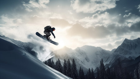Men snowboarding down mountain range, jumping with exhilaration in winter generated by artificial intelligenceの素材