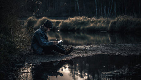 A lonely man finds solace in nature, reading by water generated by artificial intelligenceの素材