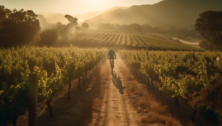 One person cycling through vineyard at sunset, enjoying leisure activity generated by artificial intelligenceの素材