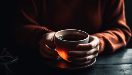 One person holding coffee cup, enjoying hot drink indoors generated by artificial intelligenceの素材