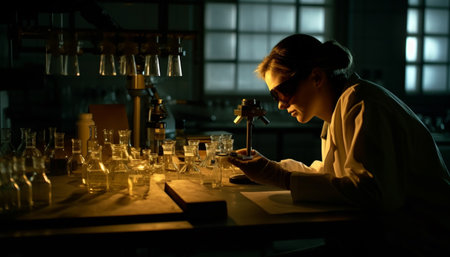 Young adult scientist holding glass, concentrating in dark laboratory workshop generated by artificial intelligenceの素材