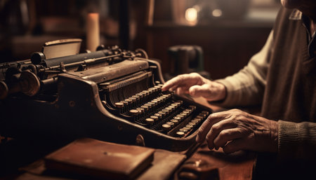 Senior journalist holding old fashioned typewriter, typing memories for editorial generated by artificial intelligenceの素材