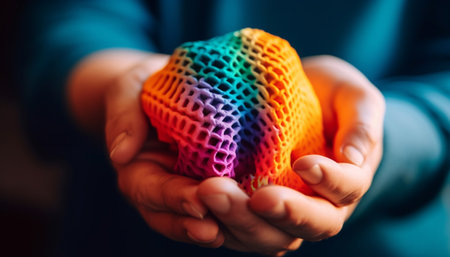 Childhood joy Handmade gift of vibrant, multi colored knitted toy generated by artificial intelligenceの素材