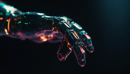 Transparent liquid drop on human finger, illuminated by blue light generated by artificial intelligenceの素材