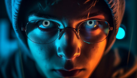 Dark hooded thief in futuristic disguise, illuminated by blue surveillance generated by artificial intelligenceの素材