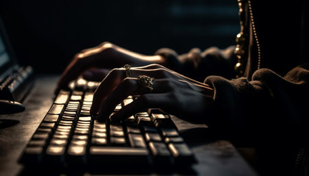 Busy programmer typing on computer in dark office using technology generated by artificial intelligenceの素材