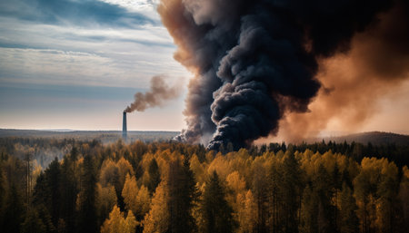 Burning factory causes environmental damage, air pollution and destruction generated by artificial intelligenceの素材