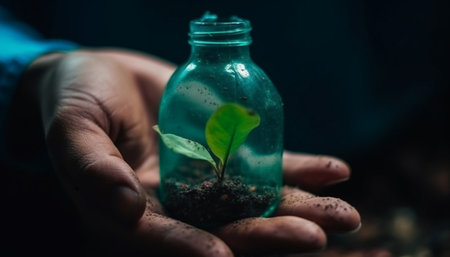 Hand holding fresh seedling, planting new life for environmental conservation generated by artificial intelligenceの素材