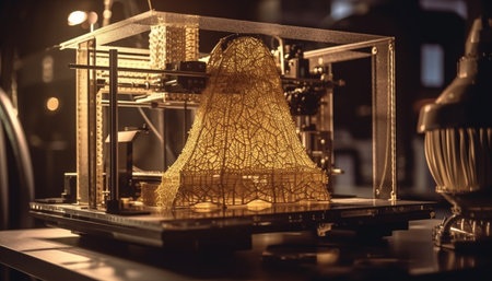 Modern factory equipment glowing in the dark with selective focus generated by artificial intelligenceの素材