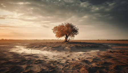 Tranquil autumn landscape, dry grass, tree, horizon over land generated by artificial intelligenceの素材