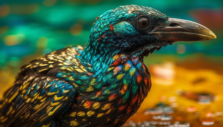 Majestic rooster with multi colored feathers looking at camera in nature generated by artificial intelligenceの素材