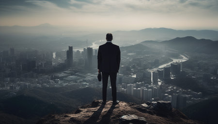 Young businessman standing on top of skyscraper, conquering adversity generated by artificial intelligenceの素材