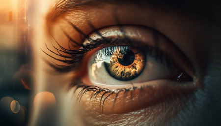 Blue eyed woman staring, macro view of iris and eyelash generated by artificial intelligenceの素材
