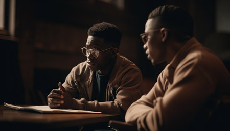 Two people in casual clothing sitting at a table, looking at literature generated by artificial intelligenceの素材