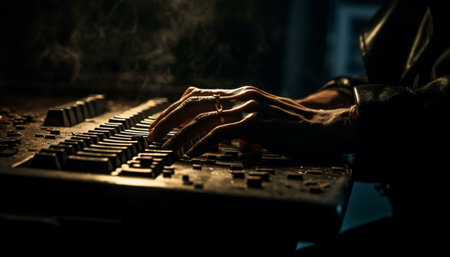 Musician hand skillfully controls electrical equipment in recording studio generated by artificial intelligenceの素材
