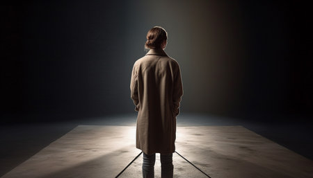 One person standing in spotlight, watching success on computer generated by artificial intelligenceの素材