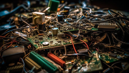 Selective focus on complex circuit board, technician repairing electrical equipment generated by artificial intelligenceの素材