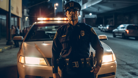 Confident Caucasian security guard driving police car in city traffic generated by artificial intelligenceの素材