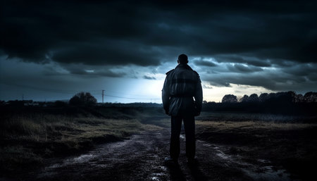 Solitude in nature one man standing, back lit by sunset generated by artificial intelligenceの素材