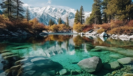 Tranquil scene of a majestic mountain range reflected in a pond generated by artificial intelligenceの素材