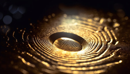 Glittering gold spiral reflects illuminated animal in wet, metallic environment generated by artificial intelligenceの素材